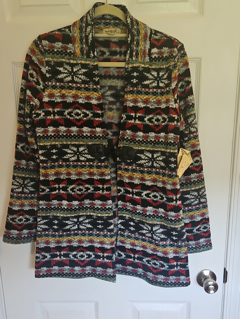 ONE WORLD Black Multicolor Geometric Knit Cardigan